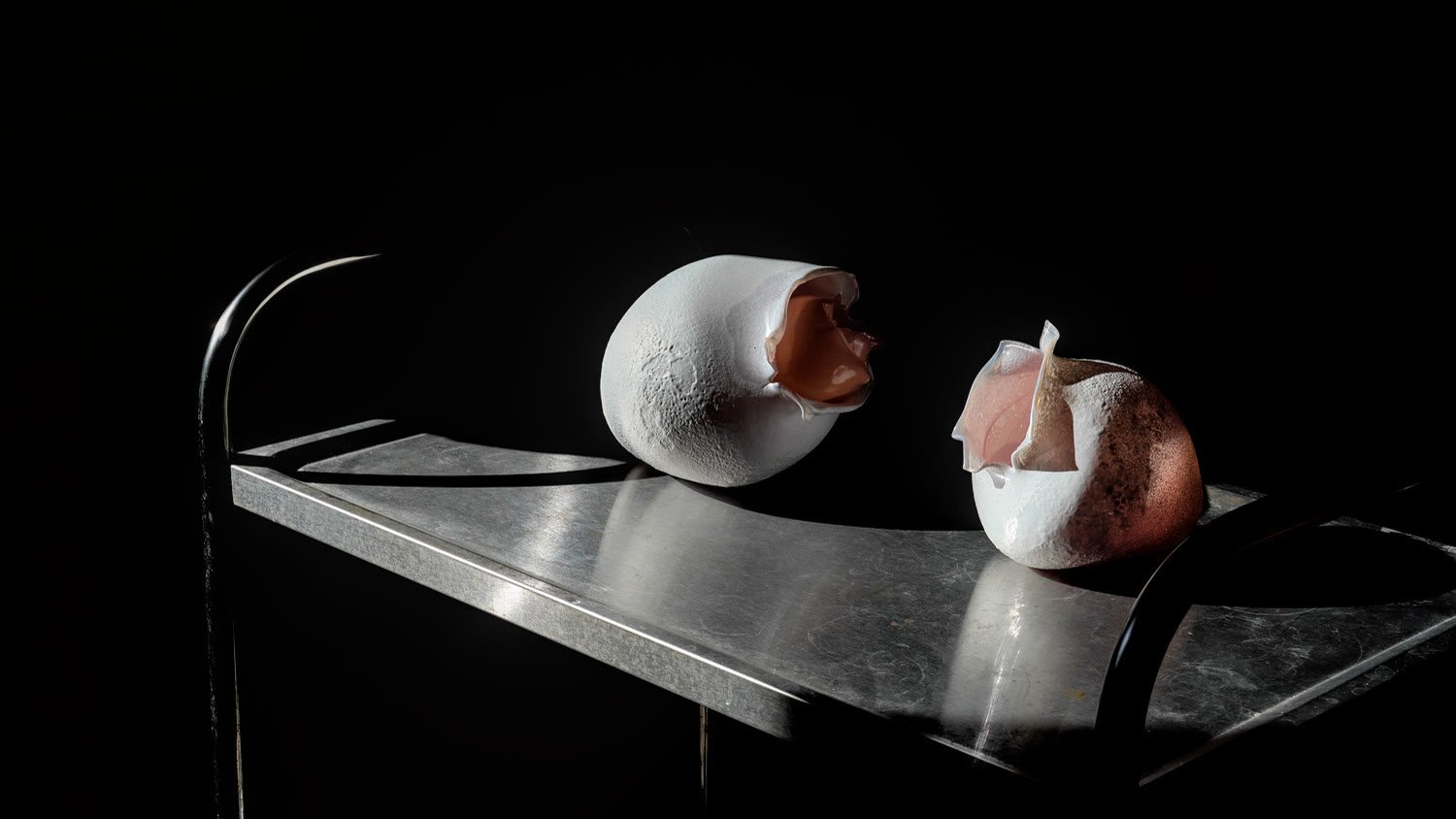 Two pieces on a steel table against a black background: a white shell with a coral opening and a pink-blushed vessel.