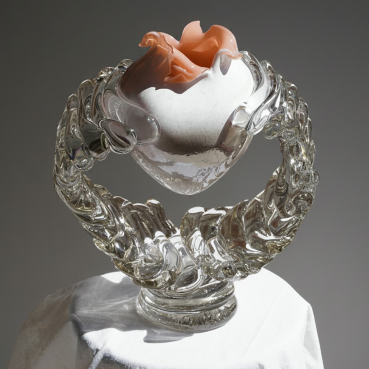 A vase held in a looping clear glass base against grey